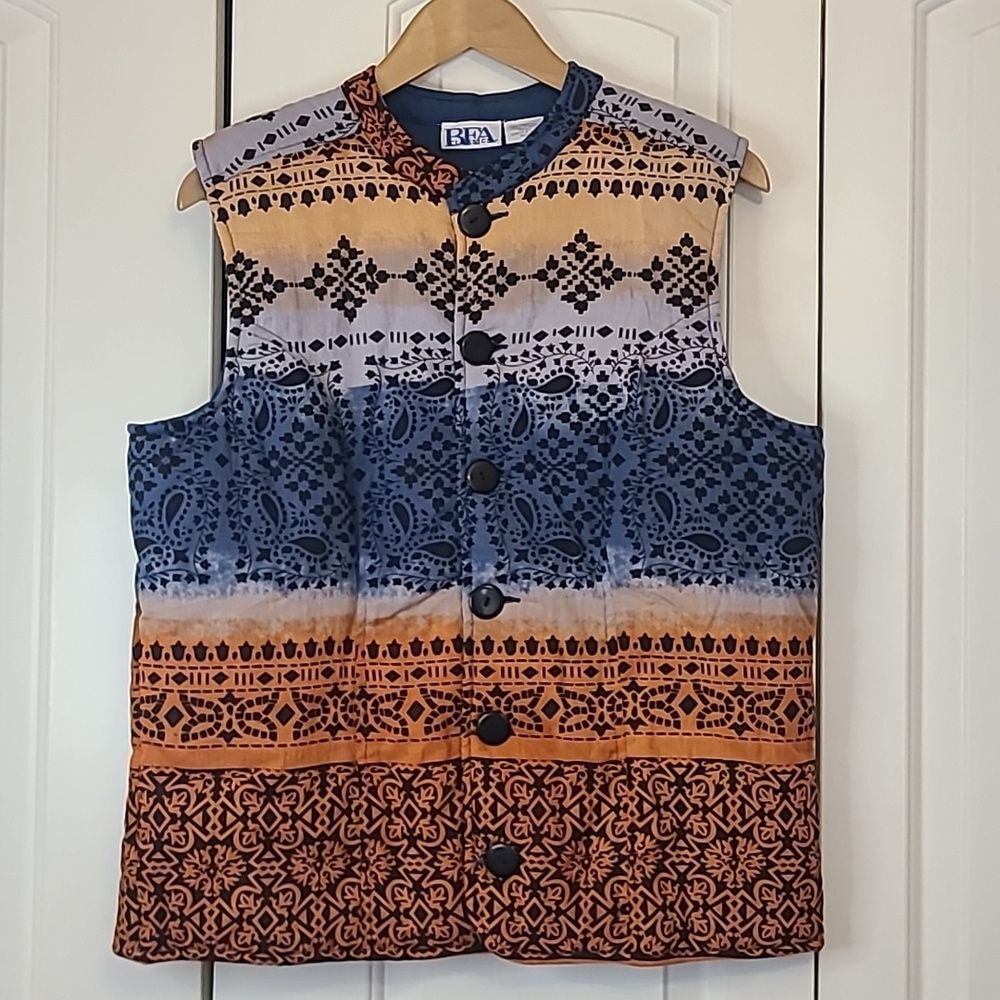 BFA Classics Cotton Quilted Boho Multicolored Button Up Reversible Vest Size L